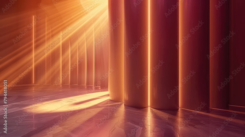 Poster sunlight streams through vertical gaps in curtains, casting stripes on shiny floor