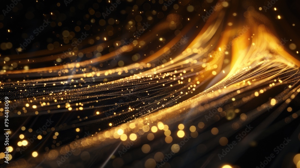 Poster golden particles flowing on abstract wavy lines over dark background
