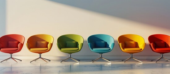 a row of stylish chairs in gradient colors ranging from red to green, each chair with a unique shade - obrazy, fototapety, plakaty