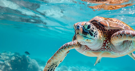 Fototapeta premium Graceful Sea Turtle Swimming in Turquoise Waters