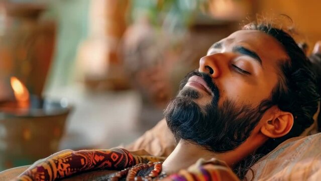 An oriental-looking man with a beard and mustache lies on a bed and meditates on the street near a bowl of Indian incense. Retreat and spiritual practice. Relaxation. Banner. Copy space