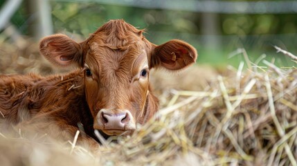Cow resting in the hay