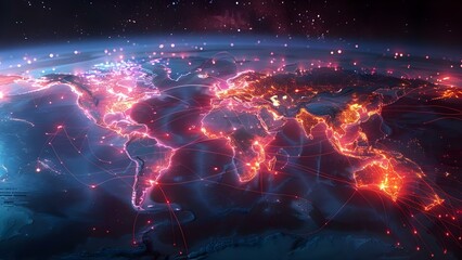 Vivid map illustrating global connections with bright lines and nodes. Concept Global Connections, Vibrant Mapping, Network Visualisation, Colorful Nodes, International Links