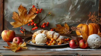 Stylish menu featuring apple strudel and ice cream ball in an autumn themed still life setting Text space available