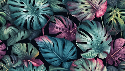 Twilight Tropics, Seamless Pattern with Exotic Leaves, Shaded with Deeper Color Tones.