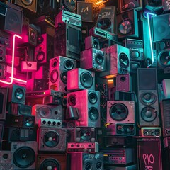 Obraz premium Neon Glow Retro Speakers Vintage Brick Wall Vibe