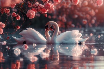 two swans in the lake with rose flowers swans