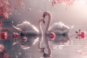 two swans in the lake with rose flowers swans