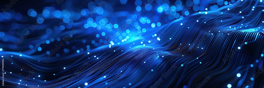 Poster Abstract blue digital background with glowing particle dots and wire lines.