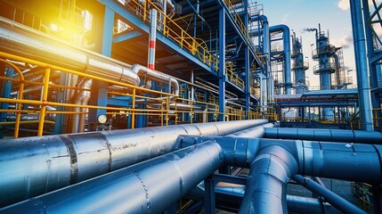 Industry Pipelines for gas to the processing in factory, Pipe rack of heat chemical manufacturing steel pipes.