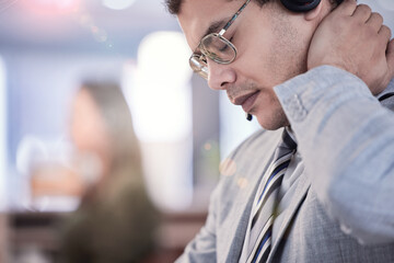 Man, stress and neck pain with call center, crm and anxiety for 404 mistake or glitch. Customer...