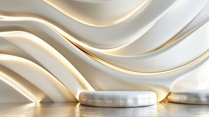 Modern interior with flowing white walls and bench illuminated by warm lighting - obrazy, fototapety, plakaty