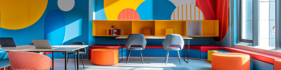 A vibrant study room with bold, graphic wallpaper and modern, modular furniture, providing copy space for focused work.