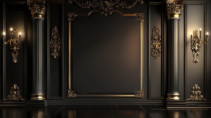 Elegant dark room with ornate golden decorations and lit wall sconces
