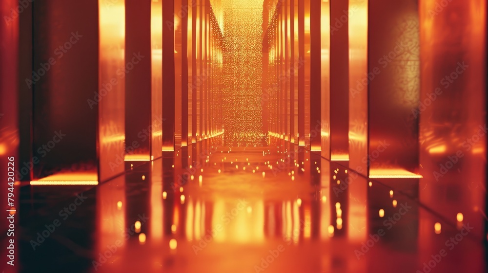Aufkleber warmly lit corridor with symmetrical reflective panels and subtle light patterns