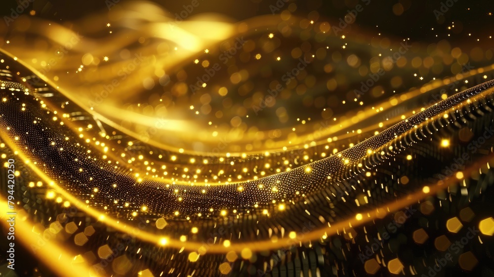 Poster abstract golden glittering lights with wave patterns on dark backdrop