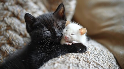 A black cat snuggling with a mouse on a textured blanket