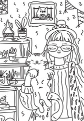 Girl with cat. Black and white vector illustration for coloring book.