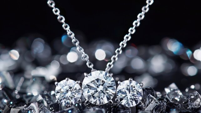 a jewelry necklace adorned with a pure, sober, and delicate line, featuring three exquisite diamonds, in a realistic photograph.