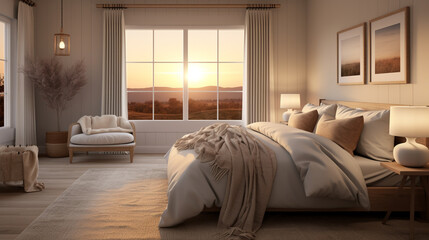 A tranquil bedroom retreat with a plush bed adorned with neutral linens and fluffy pillows, bathed in the warm glow of sunrise. Serene ambiance in a modern farmhouse. Promotion background.