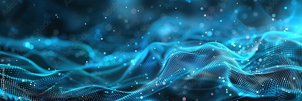 Poster Digital background with glowing dots and wavy lines, The wave pattern dark backdrop style of data technology.
