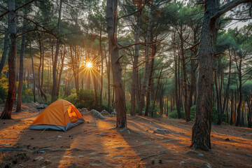 Tent Set Up in Forest Clearing