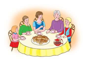 Cartoon family celebrating birthday