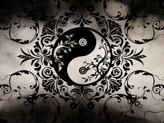 Hintergrund Silhouette Ornamente Yin und Yang - Symbolik Ausgleich und Balance - Glaube, Heilung und Mythologie