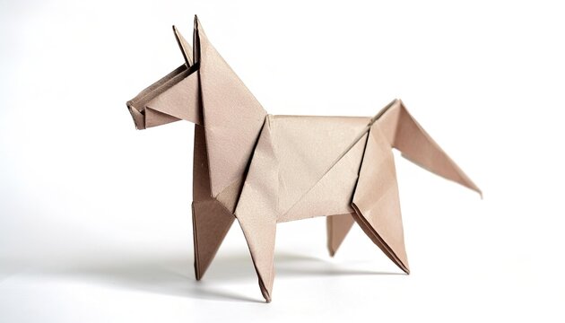 Animal concept origami isolated on white background of a tan brown horse - Equus caballus - with copy space side view of mane and tail, simple starter craft for kids