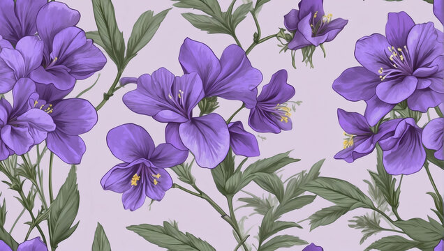 Violet Vista, Seamless Pattern Featuring Violet Blooms on Soft Lavender Background.