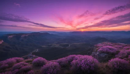 Fototapete Wide-Angle Shot Showcasing a Pink and Purple Sunset Horizon. © xKas