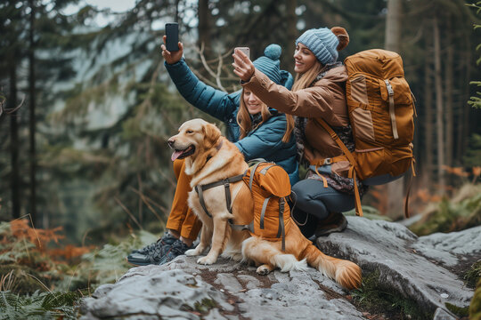 Hikers Taking a Selfie With Their Dog on a Forest Trail