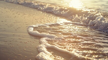 The sea waves gently roll onto the sunlit sandy shore