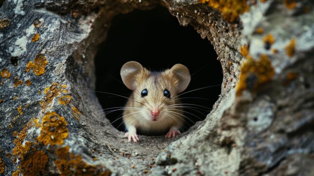 Bashful mouse peeking out of a hole  AI generated illustration