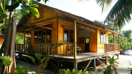 Fototapeta premium Beachfront bungalow with a deck AI generated illustration
