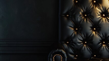 Luxurious black tufted leather upholstery on wall and furniture