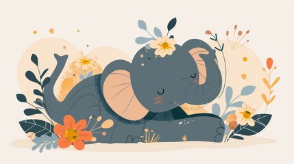   An elephant, adorned with a flower atop its head, sits serene in a blooming floral field