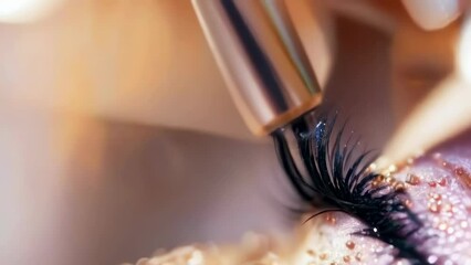 The art of makeup in close-up, with the tip of an eyeliner pen poised to enhance the beauty of an eye. Eyelash extensions and coloring. Applying bright makeup with glitter. Preparing for a party