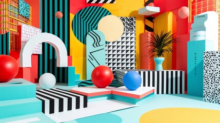Bold and vibrant colors in a Memphis style design for a social media campaign  AI generated illustration - obrazy, fototapety, plakaty