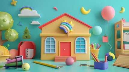 Bold colors and playful patterns in a cute 3D representation of a school scene  AI generated illustration
