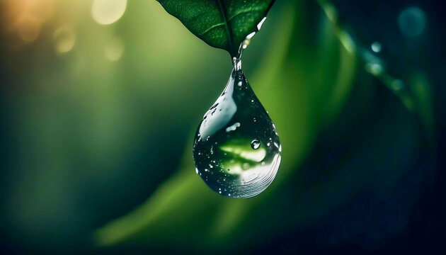 Capture a close-up shot of a droplet of water hanging on a leaf