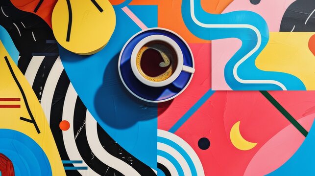 Bold and vibrant colors in a Memphis-inspired coffee artwork  AI generated illustration
