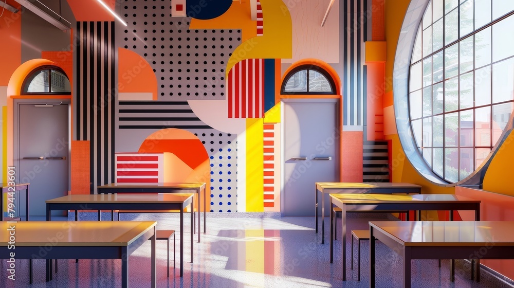 Aufkleber bold lines and abstract patterns in a 3d render of a school classroom ai generated illustration