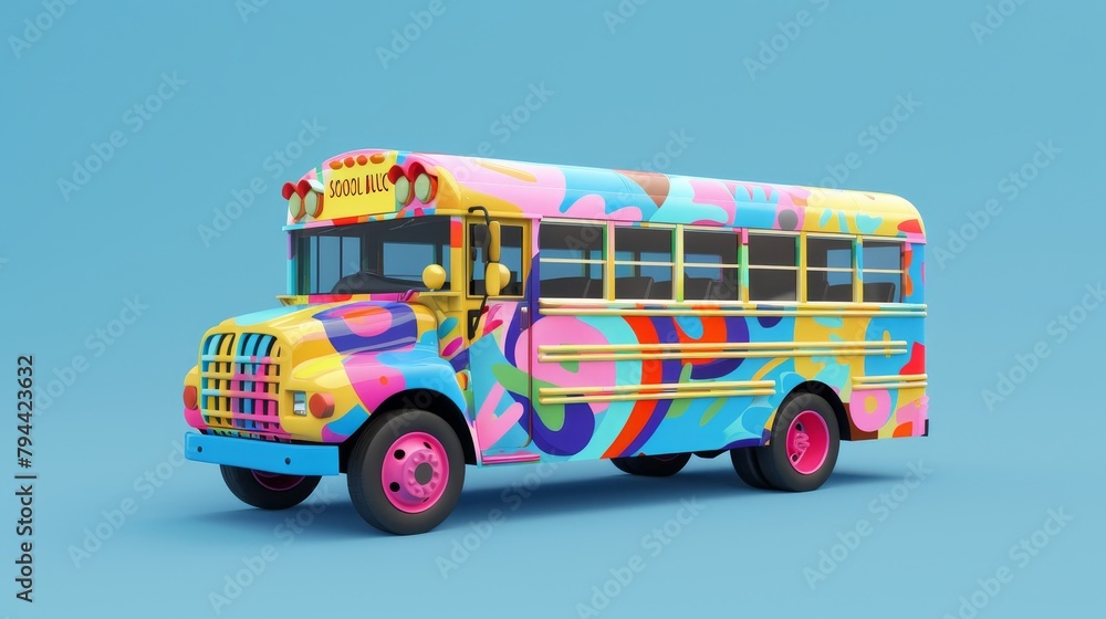 Aufkleber bold lines and patterns in a 3d render of a cute school bus ai generated illustration