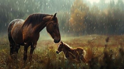 Foal and mother horse in the field during a rainy day