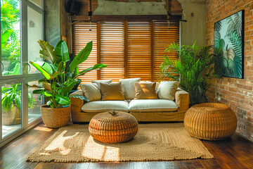 Cozy living space transformed into an indoor jungle with vibrant plants and tropical decor