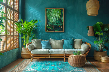 Cozy living room transformed into a tropical retreat with vibrant houseplants and bohemian decor