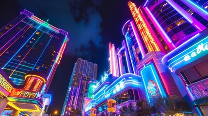 Buildings with neon lights glowing in the night  AI generated illustration