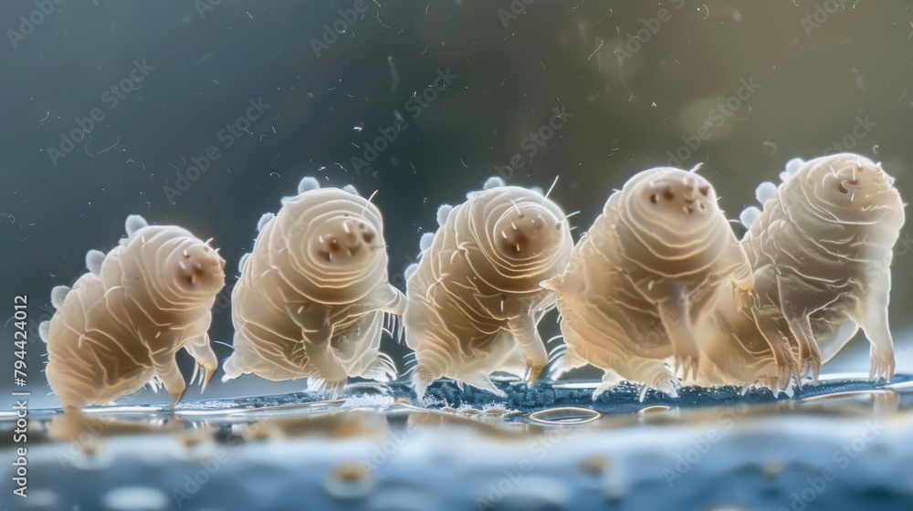 Aufkleber a group of tardigrades can be seen under a microscope appearing as tiny translucent creatures with t