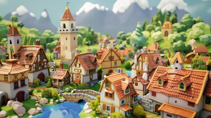 Charming 3D village with a cartoonish style  AI generated illustration